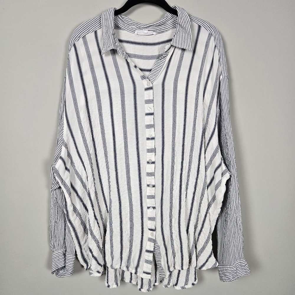 Jane & Delancey Womens Seersucker Button Up Top 3X Grey Striped Beachy Oversized
